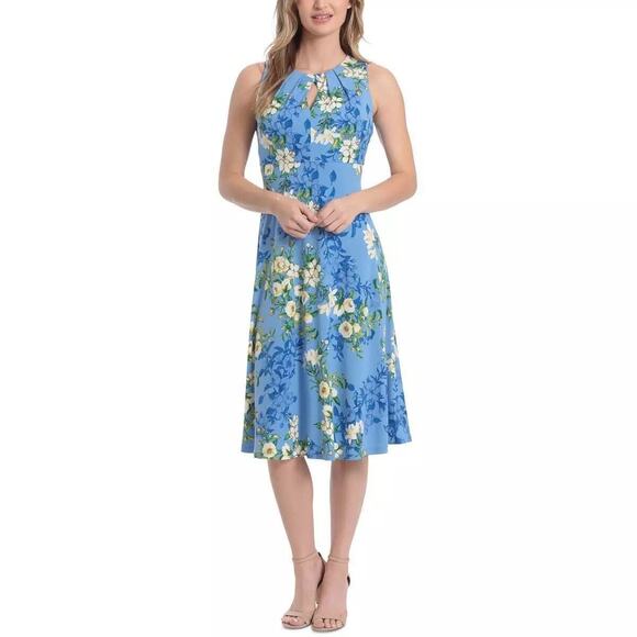 London Times Women's Floral Keyhole Neck MIDI Dress, Blue/Multicolor Size 12 - Picture 1 of 2